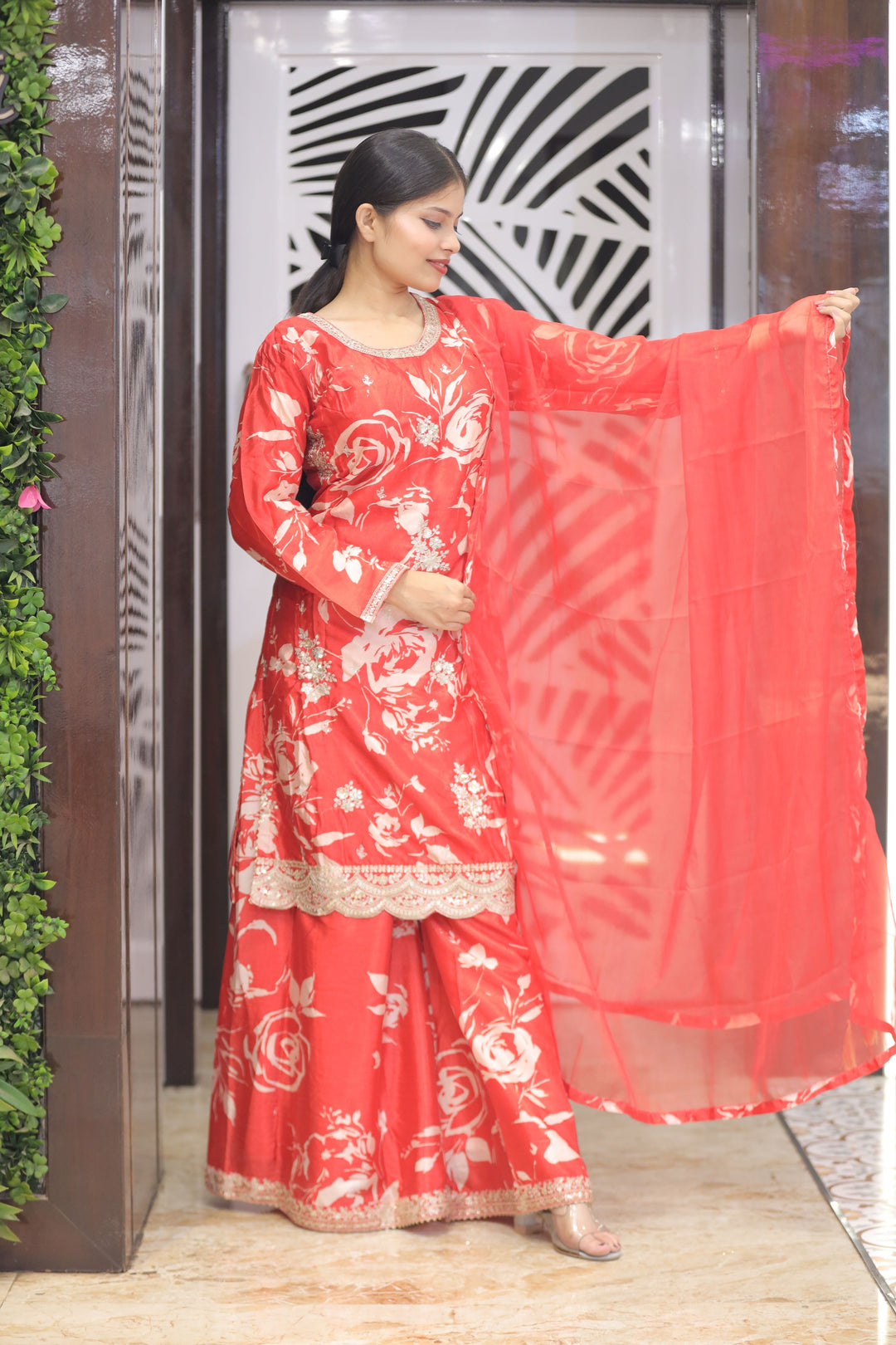 Red Printed Kurti with Plazo
