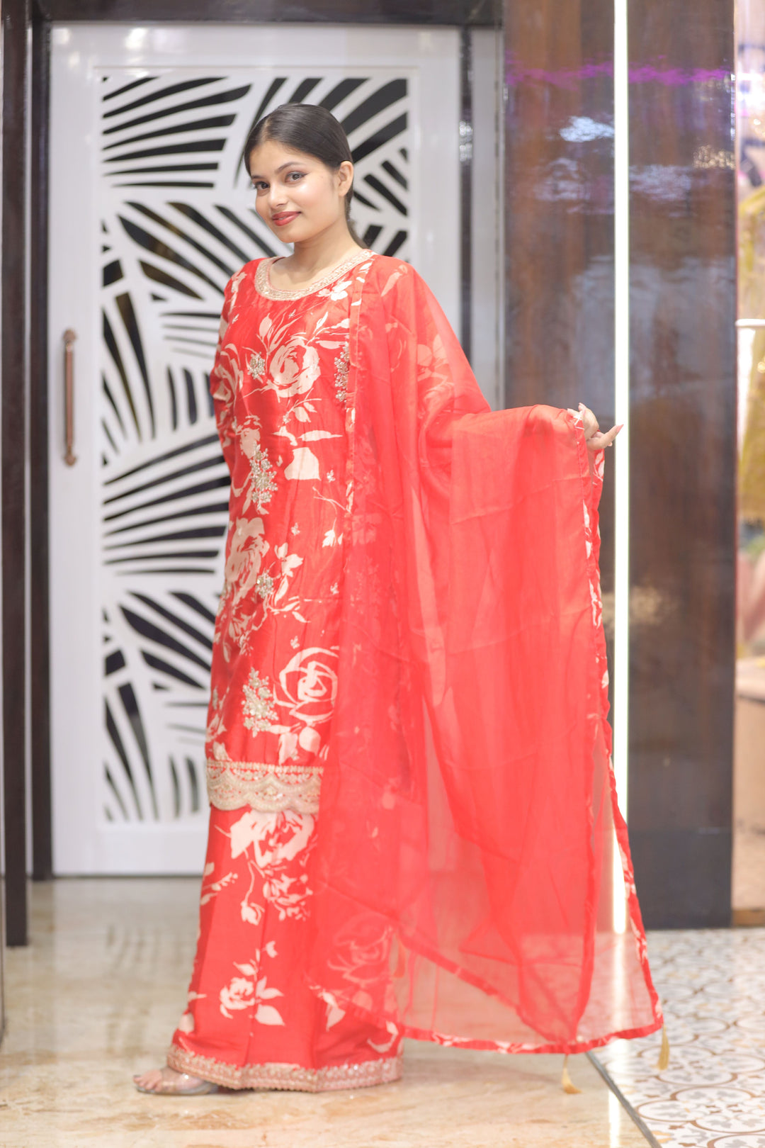 Red Printed Kurti with Plazo