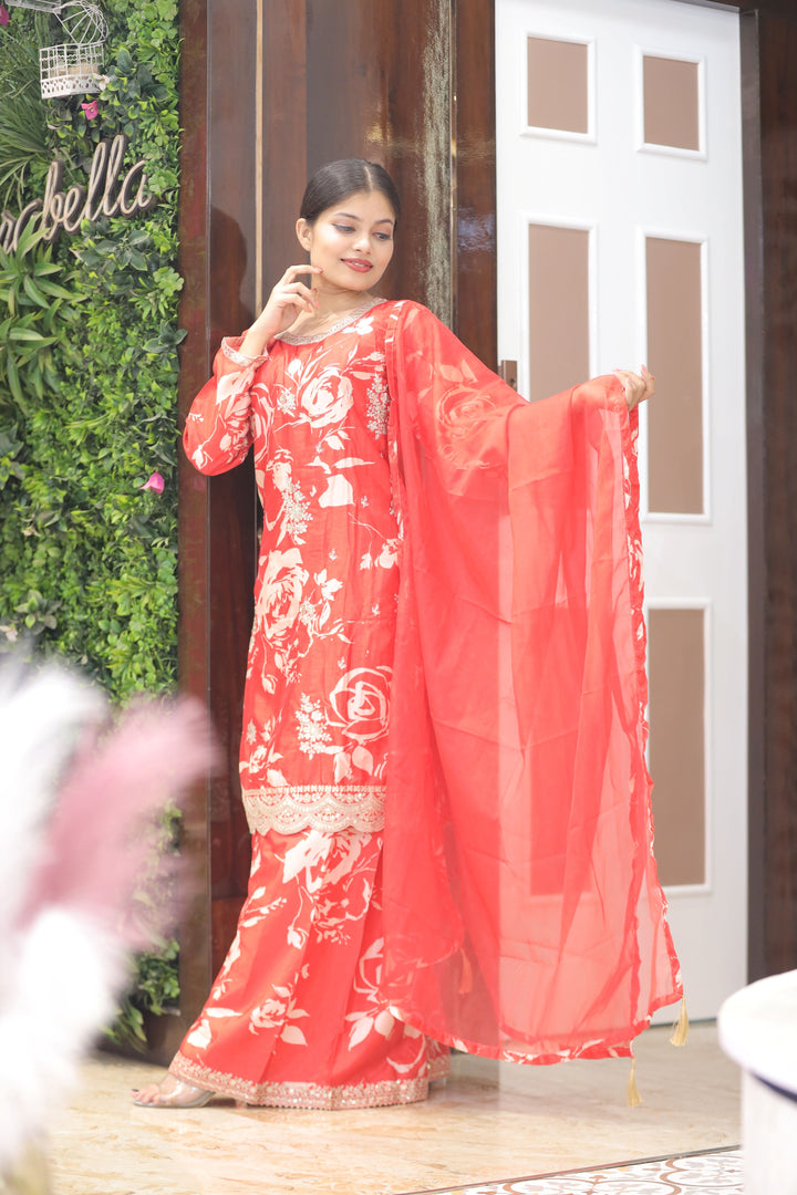 Red Printed Kurti with Plazo
