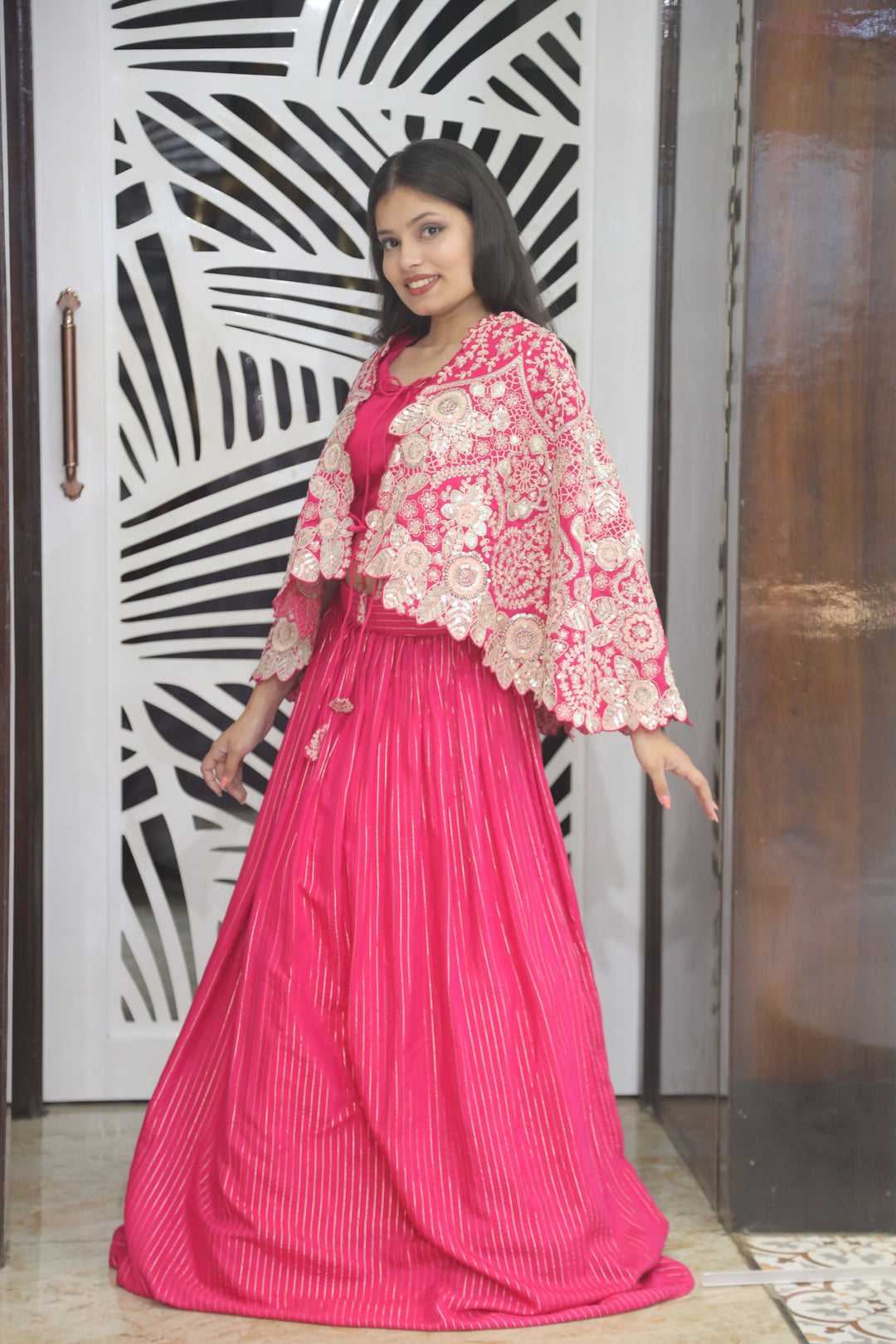 Pink Crop Top Lehenga with Cape
