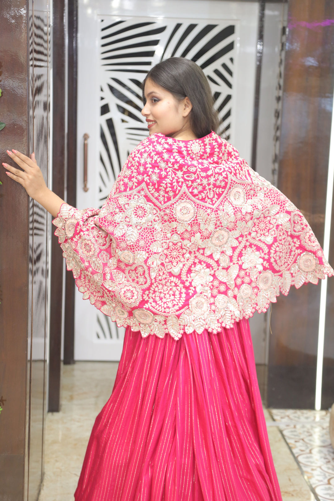 Pink Crop Top Lehenga with Cape