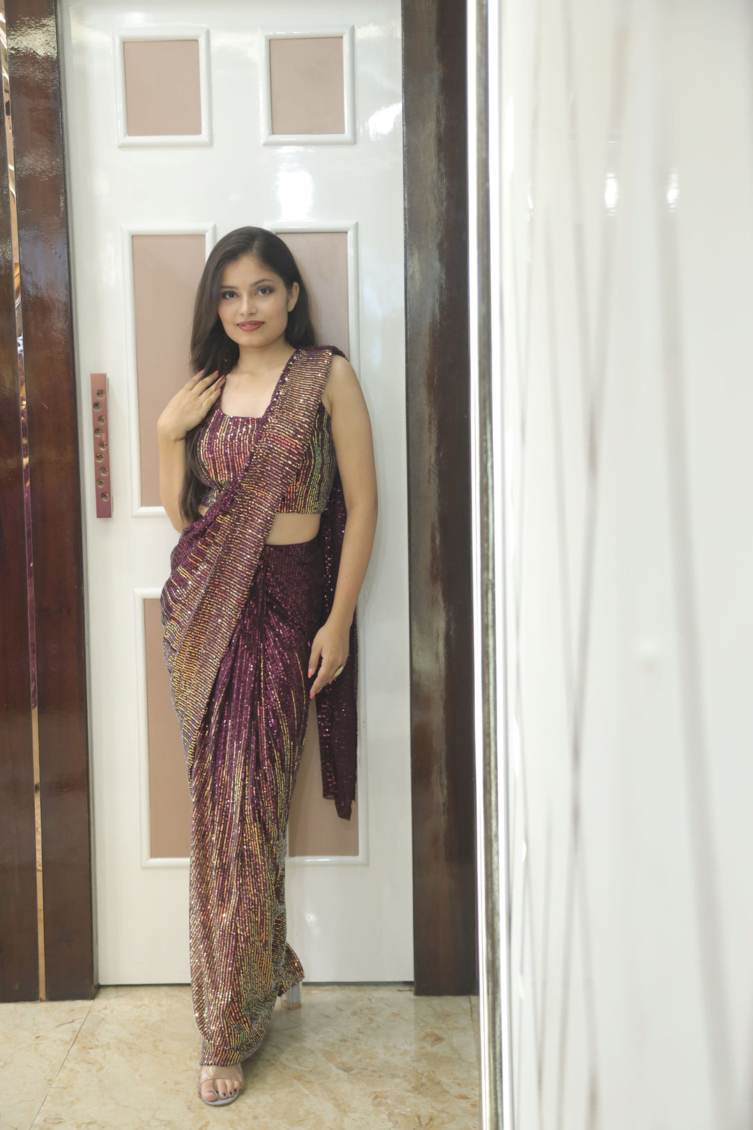 Wine & Gold Sequin Cocktail Saree
