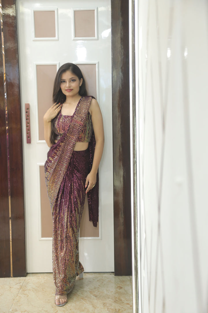 Wine & Gold Sequin Cocktail Saree