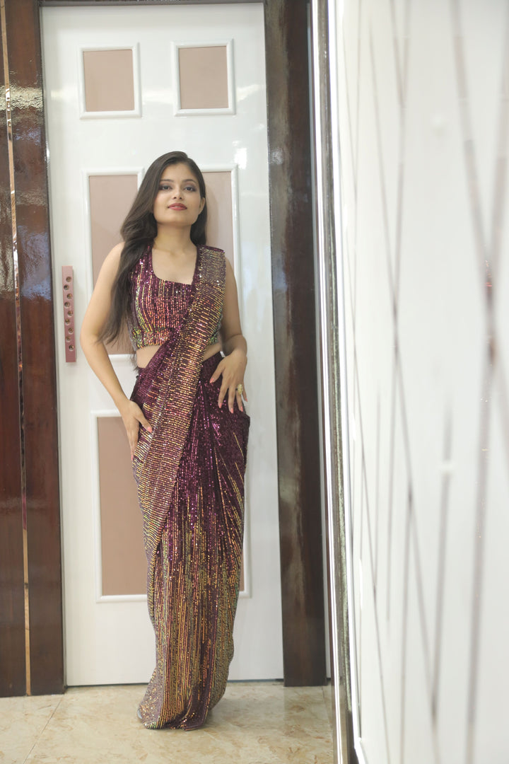 Wine & Gold Sequin Cocktail Saree