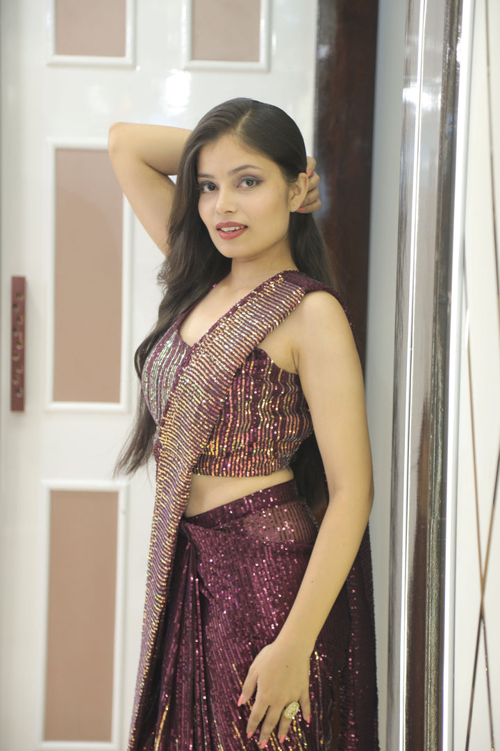Wine & Gold Sequin Cocktail Saree