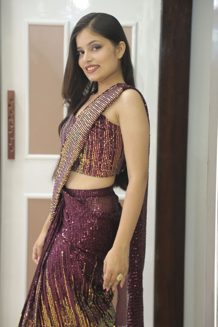 Wine & Gold Sequin Cocktail Saree