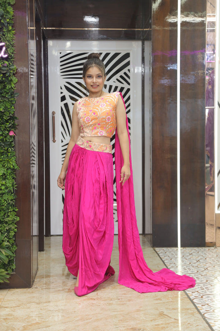 Vibrant Pink Dhoti with Peach-Orange Velvet Top – Contemporary Ethnic Chic