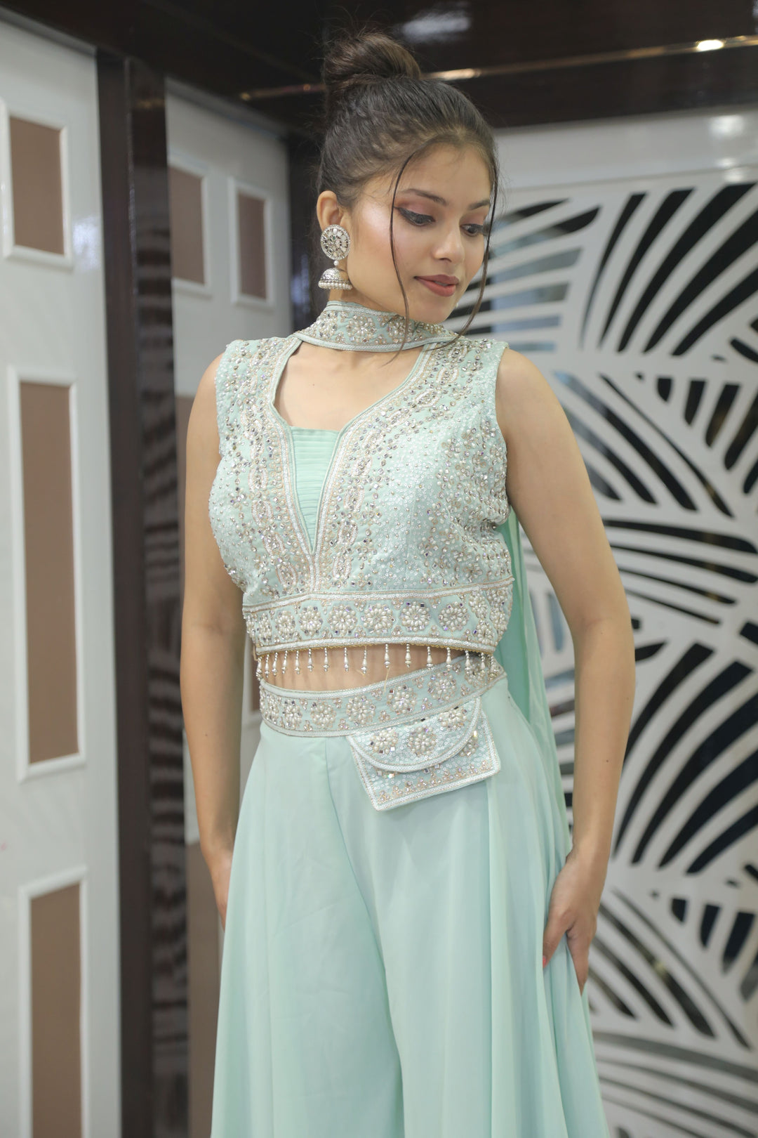 Refreshing Sea Blue Crop Top with Plazo