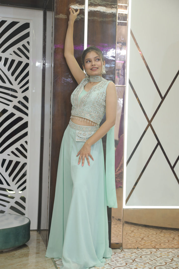 Refreshing Sea Blue Crop Top with Plazo