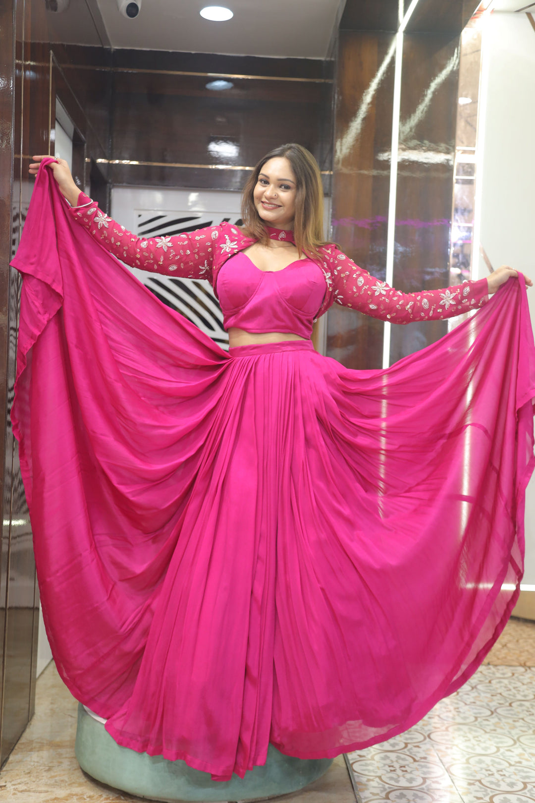 Elegant Pink Lehenga with Embroidered Jacket & Blouse – 10 Meters of Grace