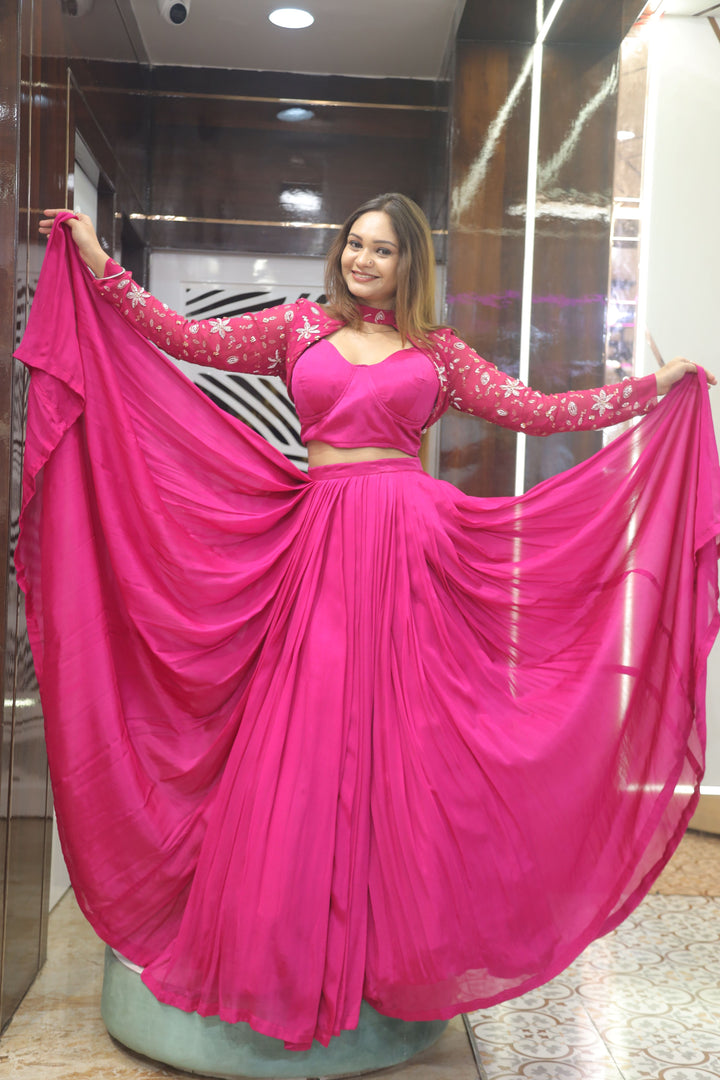 Elegant Pink Lehenga with Embroidered Jacket & Blouse – 10 Meters of Grace