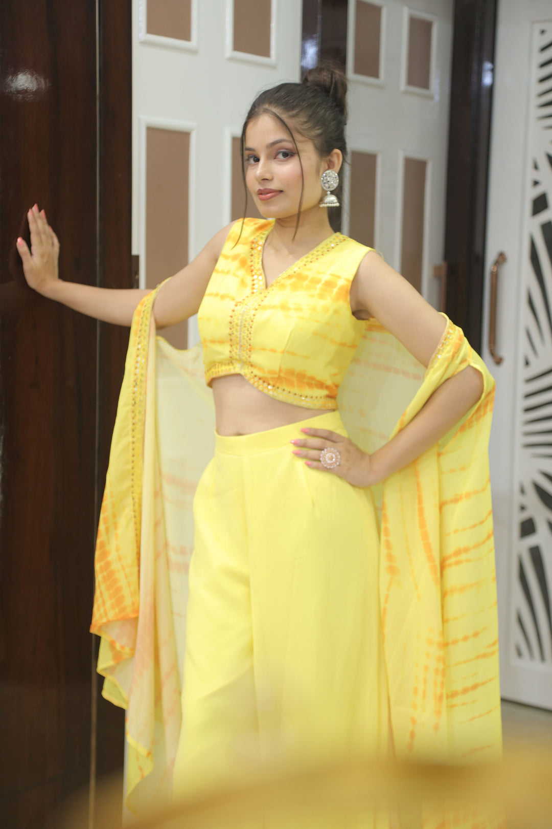 Bright Yellow Crop Top with Elegant Shrug