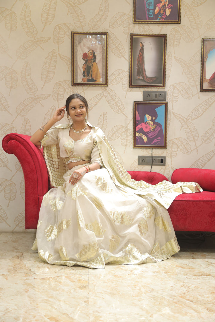 Elegant White & Gold Gotta Patti Lehenga