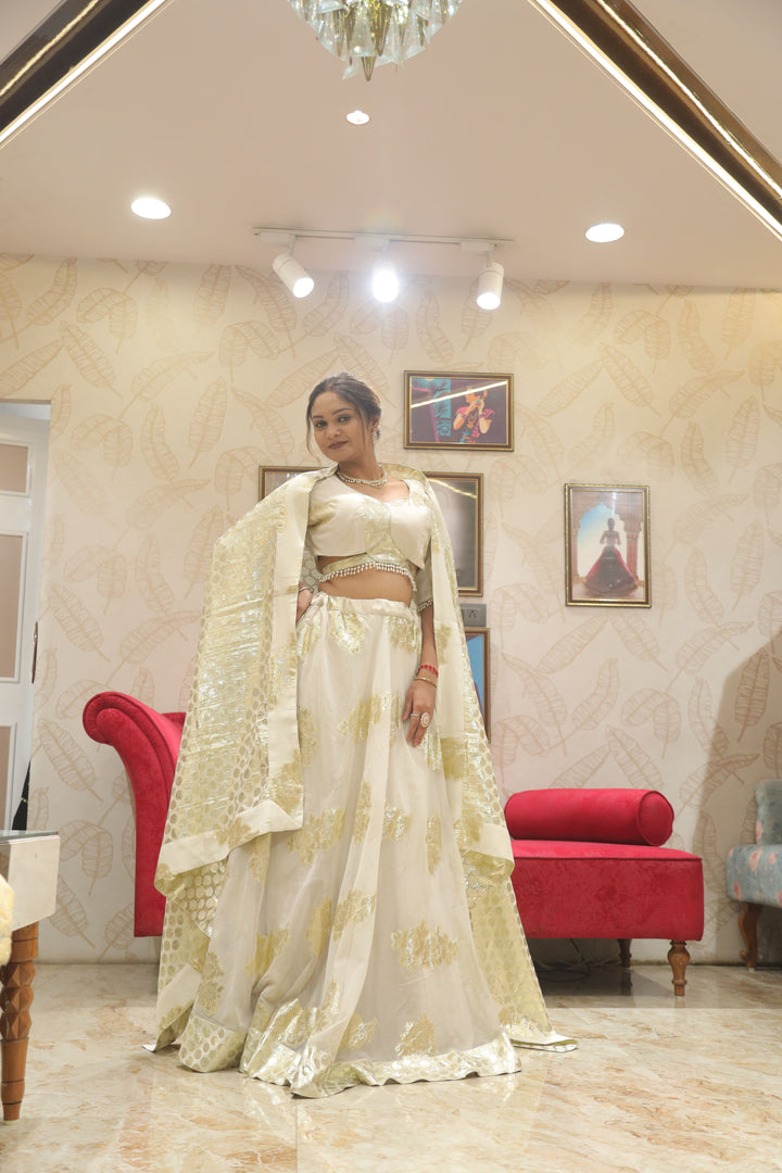 Elegant White & Gold Gotta Patti Lehenga