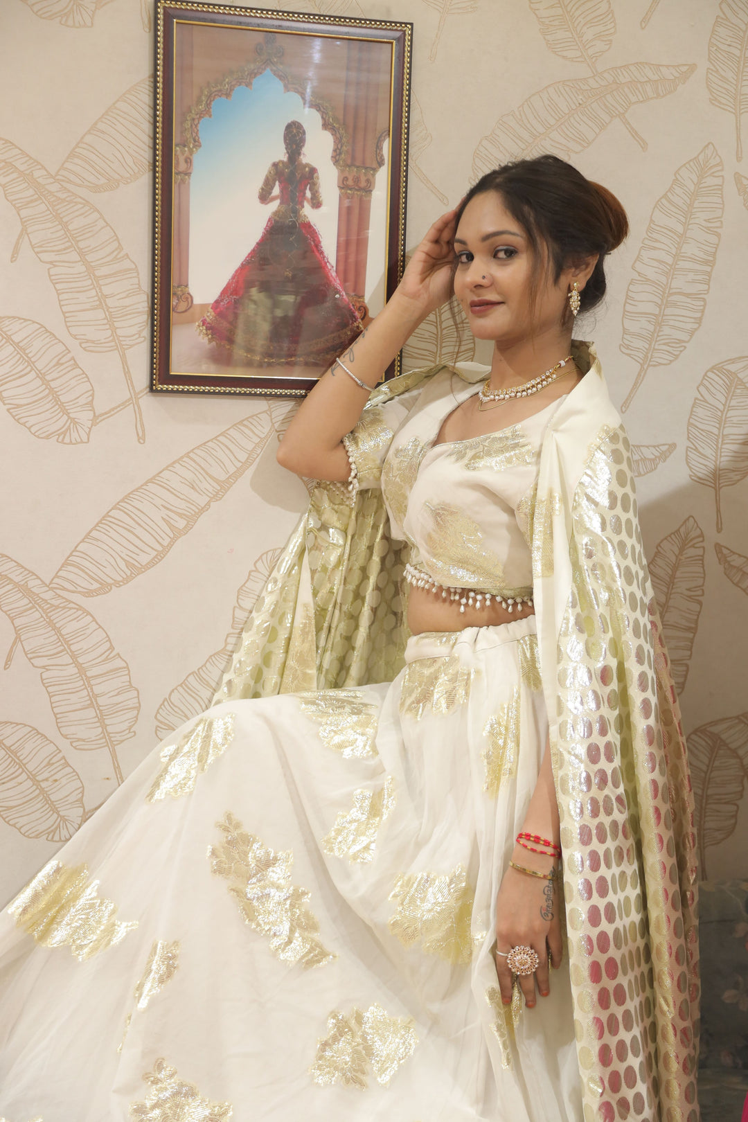 Elegant White & Gold Gotta Patti Lehenga