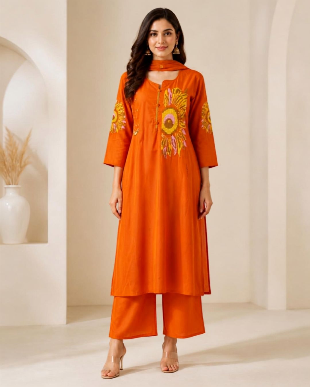 Rust Orange Cotton Thread-Embroidered Pant Kurta Set