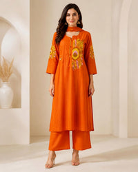 Rust Orange Cotton Thread-Embroidered Pant Kurta Set