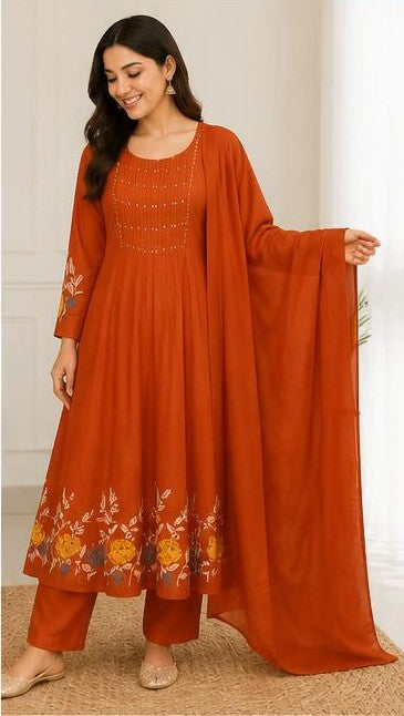 Rust Orange Cotton Printed Kurta Pant Set