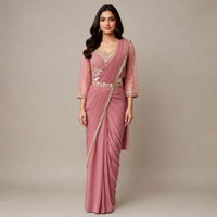 Light Pink Ligra Stretchable Saree with Heavy-Work Blouse & Belt