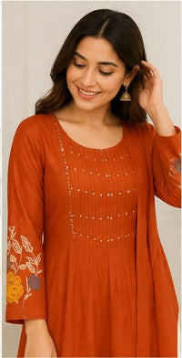 Rust Orange Cotton Printed Kurta Pant Set