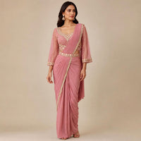 Light Pink Ligra Stretchable Saree with Heavy-Work Blouse & Belt