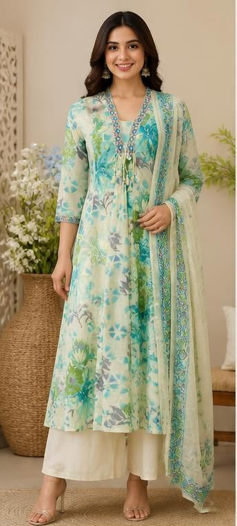 White & Sky Blue Printed Cotton Kurta Pant Set