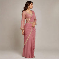 Light Pink Ligra Stretchable Saree with Heavy-Work Blouse & Belt