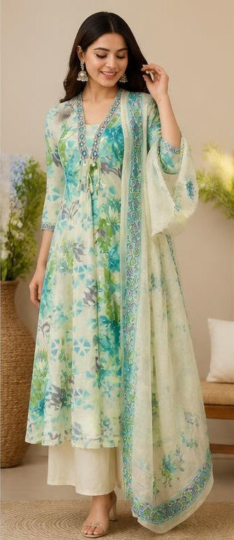 White & Sky Blue Printed Cotton Kurta Pant Set