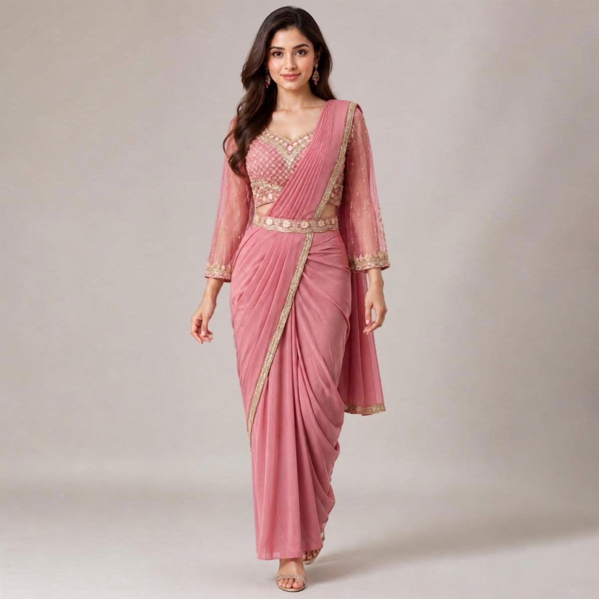 Light Pink Ligra Stretchable Saree with Heavy-Work Blouse & Belt