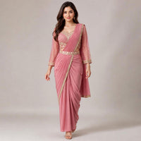 Light Pink Ligra Stretchable Saree with Heavy-Work Blouse & Belt
