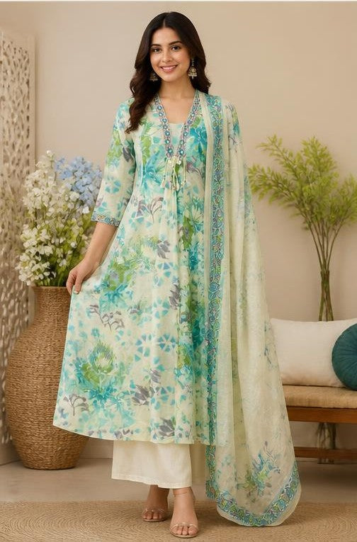 White & Sky Blue Printed Cotton Kurta Pant Set