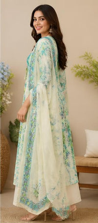 White & Sky Blue Printed Cotton Kurta Pant Set