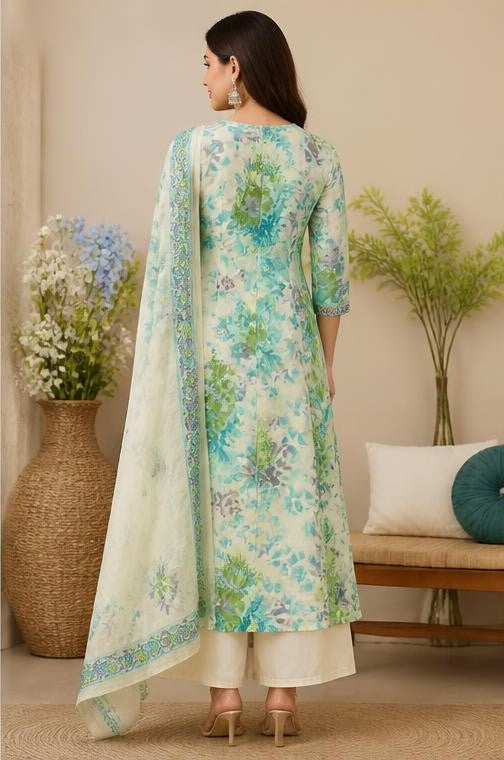 White & Sky Blue Printed Cotton Kurta Pant Set
