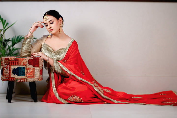 Pure Red crepe Handworked Saree