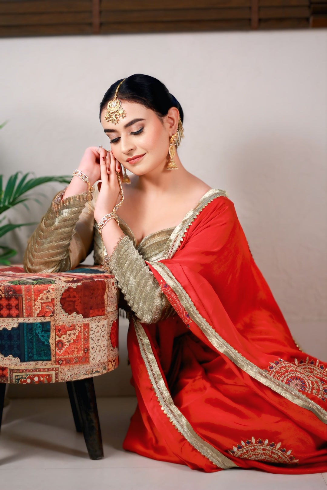 Pure Red crepe Handworked Saree