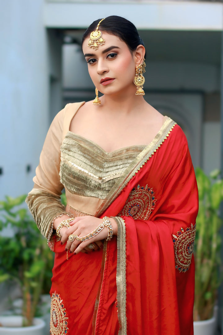 Pure Red crepe Handworked Saree