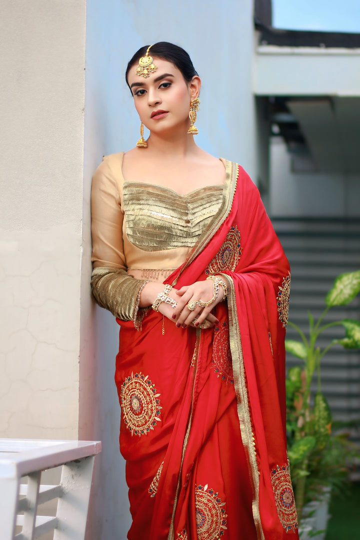 Pure Red crepe Handworked Saree