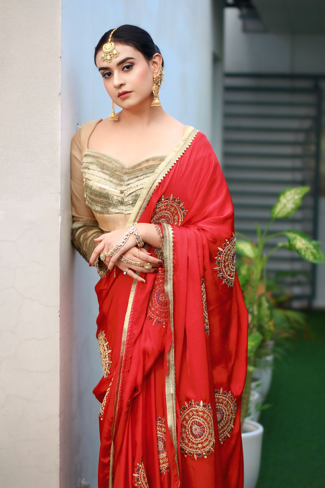 Pure Red crepe Handworked Saree