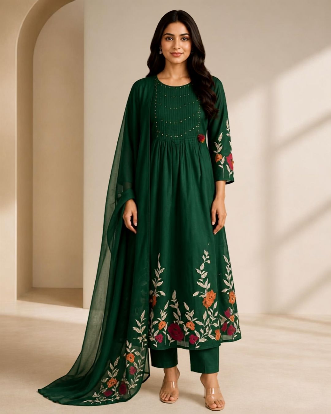 Bottle Cream Cotton Printed Kurta Pant Dupatta Set
