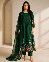 Bottle Cream Cotton Printed Kurta Pant Dupatta Set