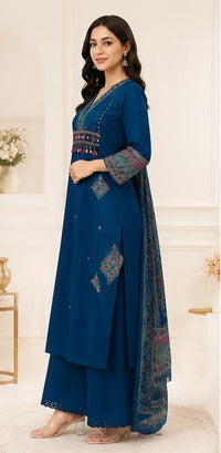 Blue Cotton Mirror & Shell-Work Pant Kurta Set
