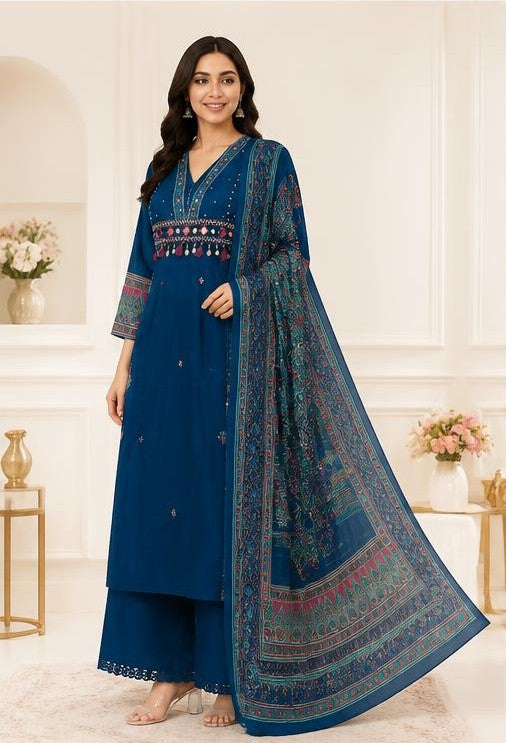 Blue Cotton Mirror & Shell-Work Pant Kurta Set