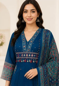 Blue Cotton Mirror & Shell-Work Pant Kurta Set