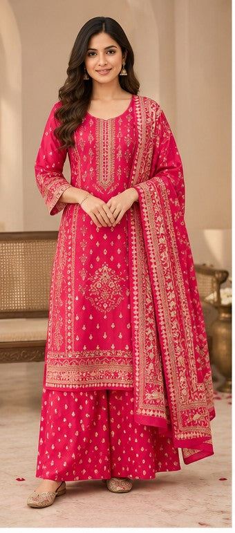 Rani Pink Pure Cotton Mirror-Detail Kurta Pant Set