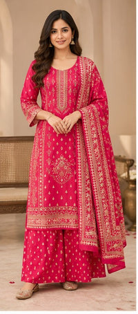 Rani Pink Pure Cotton Mirror-Detail Kurta Pant Set