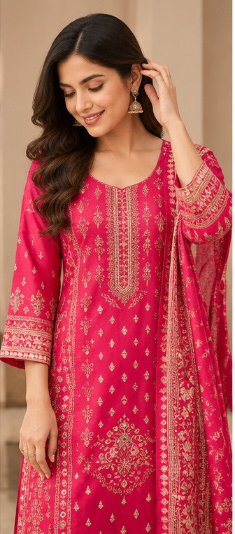 Rani Pink Pure Cotton Mirror-Detail Kurta Pant Set