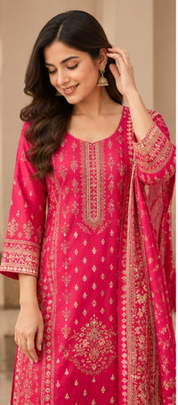 Rani Pink Pure Cotton Mirror-Detail Kurta Pant Set