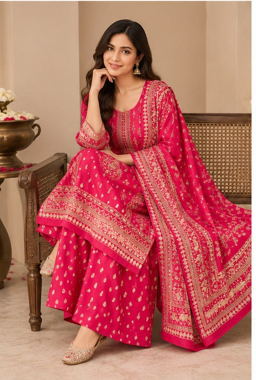 Rani Pink Pure Cotton Mirror-Detail Kurta Pant Set