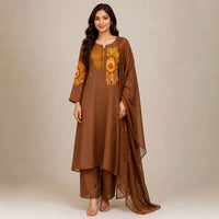Dull Brown Pure Cotton Embroidered Kurta Pant Set