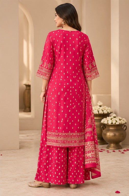 Rani Pink Pure Cotton Mirror-Detail Kurta Pant Set